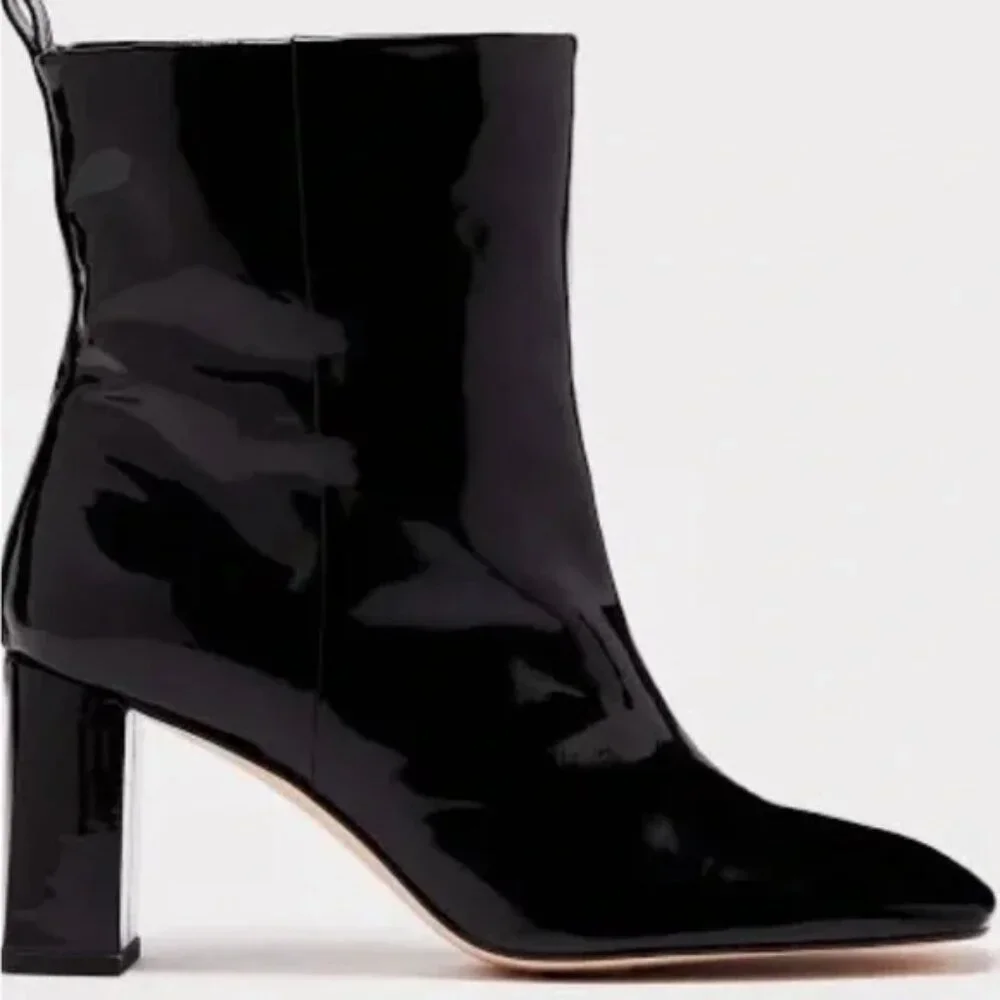 Good American Black Patent Leather Ankle Boots GA165P-X Glossy Square Toe